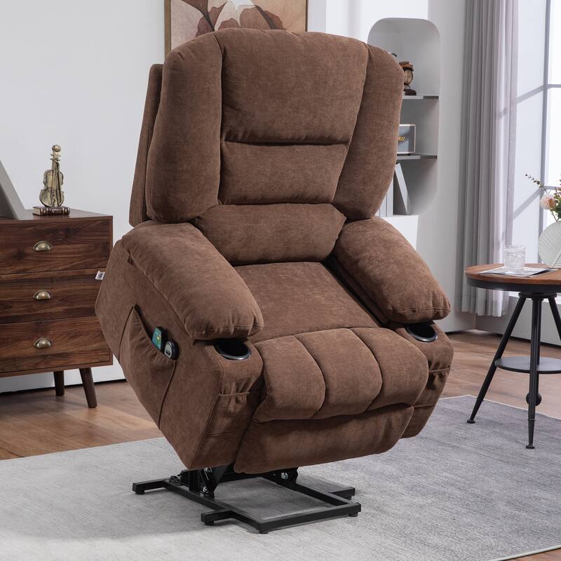 Brown Electric Lift Recliner with Vibration Massage, Heating, Adjustable Positions, Remote Control, and Side Pockets