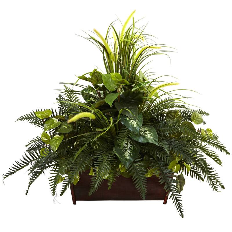 Tall Indoor Plant Arrangement with Planter - Cool Grass & Fern Decor - 37" Green Home Office Accent - 3ft.