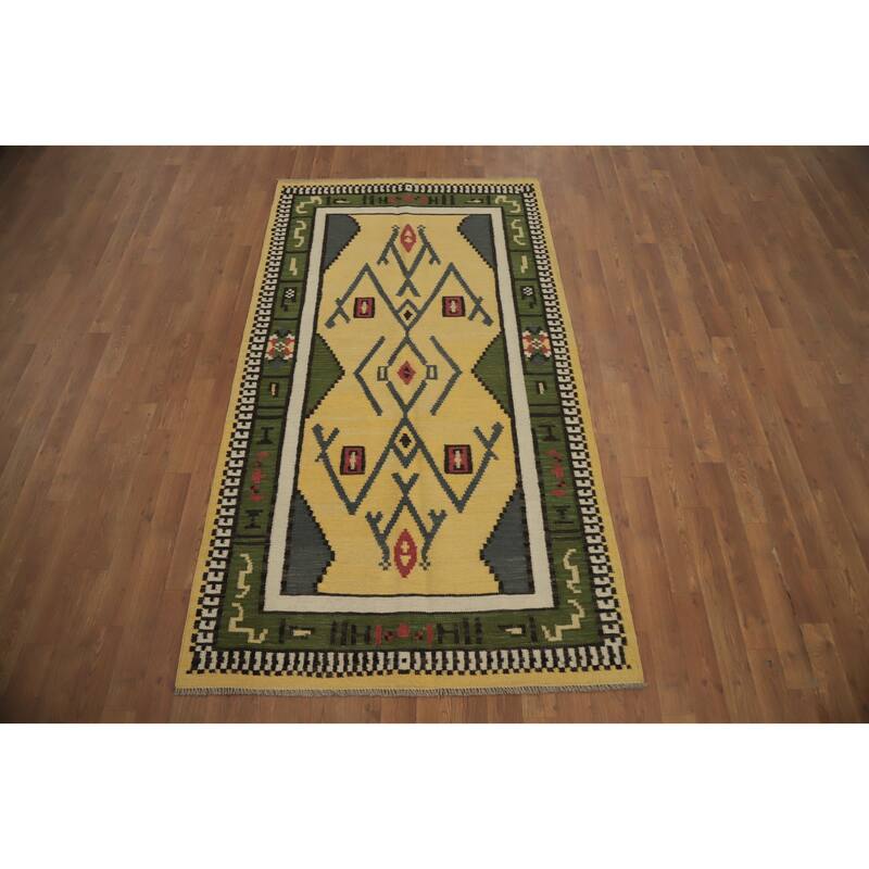 Hand Woven Oriental 100% Wool Carpet Southwestern Tribal Yellow & Gold Kilim Area Rug - 6' 7'' X 3' 8''