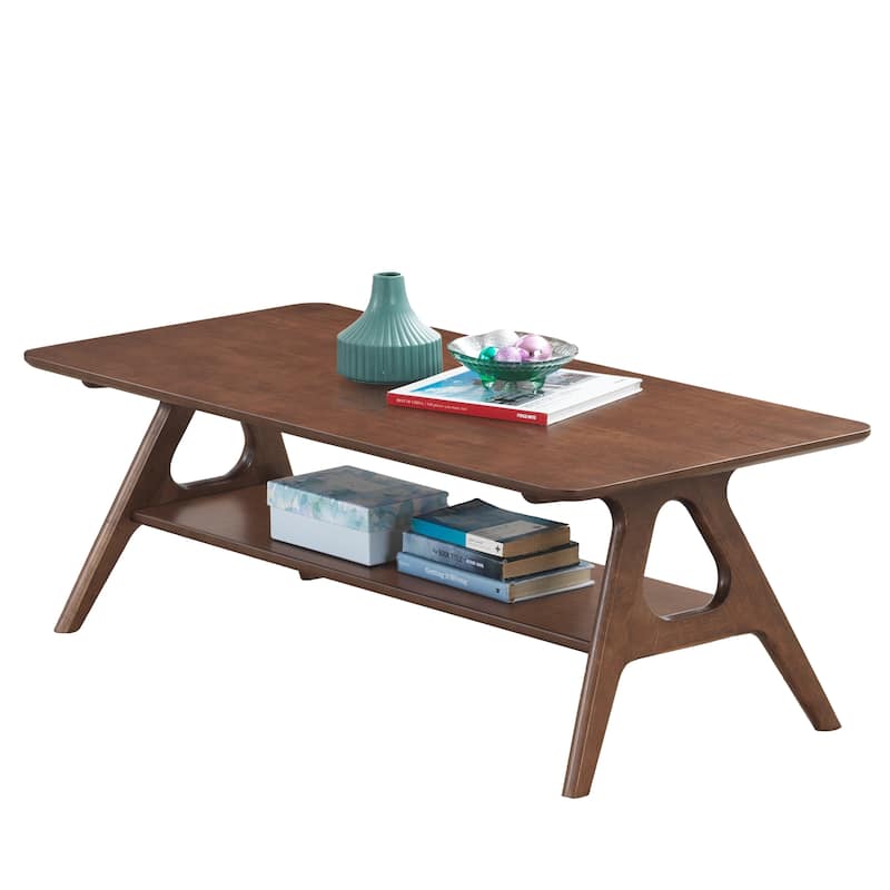 Mid-Century Modern Wooden Coffee Table Rectangular Coffee Table with Storage Shelves Tapered Legs, for Living Room
