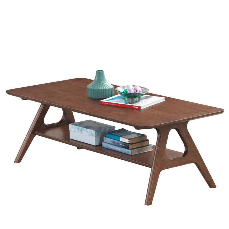 Wood Coffee Table with Open Storage Shelf, Accent Table with Sturdy Tapered Legs, Dining Table with Rubberwood Base