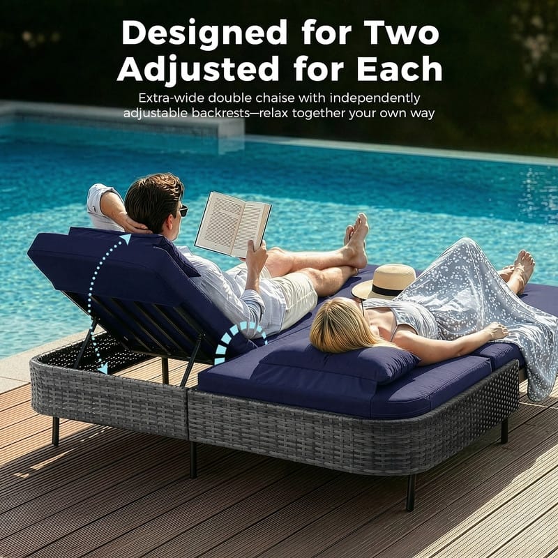 Outdoor Sectional Conversation Set PE Wicker with Double Chaise Lounge, 60,000 BTU Fire Pit Table