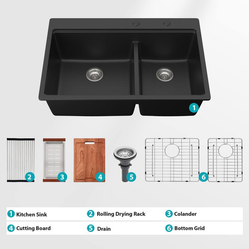 Granite Composite Double Bowl (60/40) Workstation Topmount Drop-in Kitchen Sink