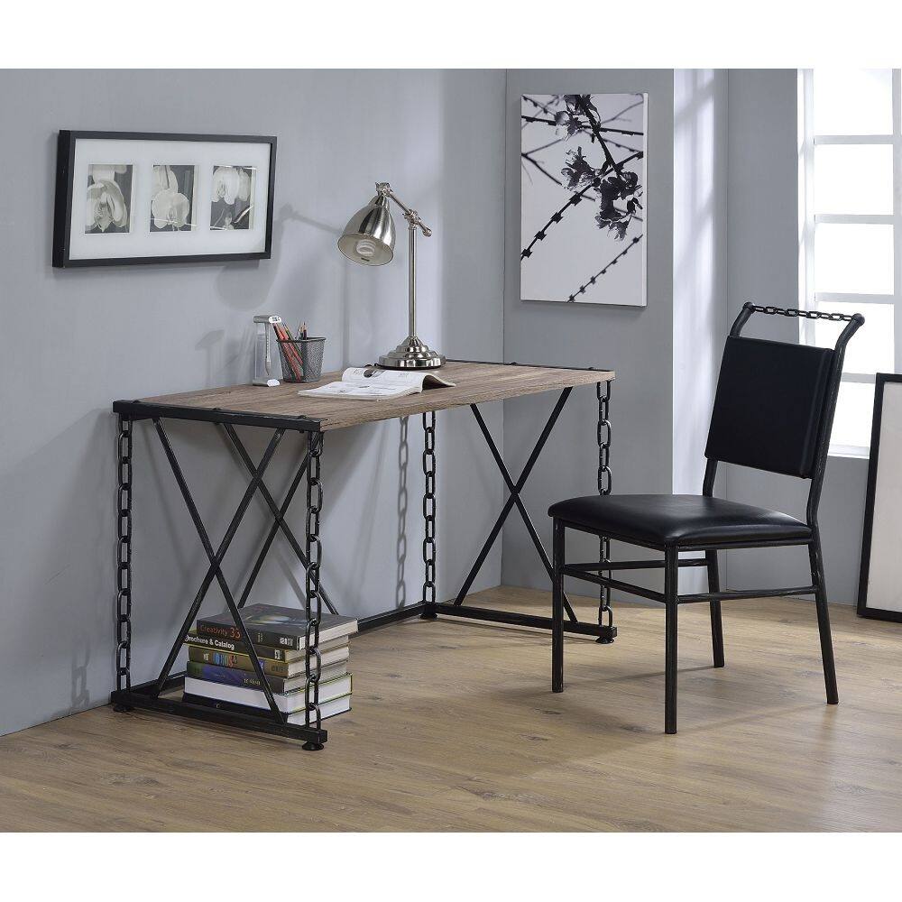 Rectangular Writing Desks , Features Antique Rustic Oak Finish with Antique Black Industrial Metal Chain Frame