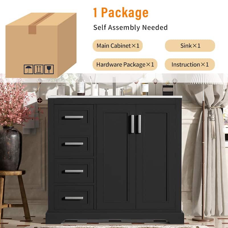36" Modern Bathroom Vanity with Ceramic Sink, Soft-Close Door, Adjustable Shelf & 3 Drawers, Ample Storage