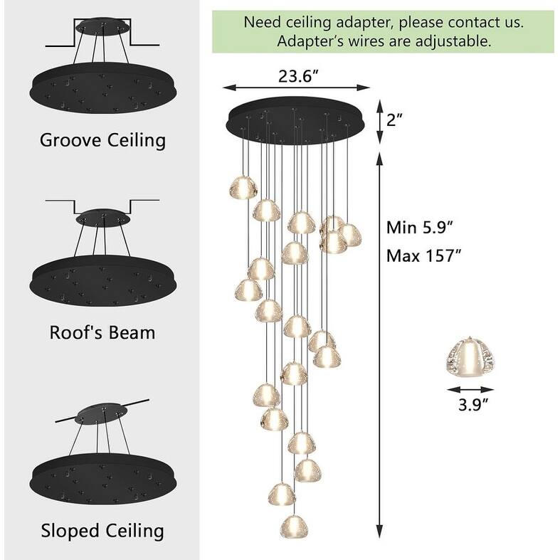 KAYLA 30-Lights Gold Modern Crystal Chandelier for Staircases, 157" Extra-Long Adjustable LED Ceiling Light