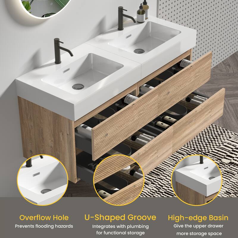 GDFStudio - Grace Wall-Mounted Bathroom Vanity with Engineered Quartz Sink & Soft Close Drawers, without Drainage and Faucet