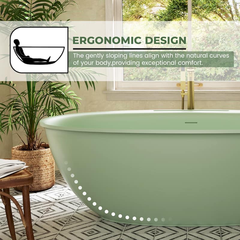Luxury Flatbottom Solid Surface Freestanding Soaking Bathtub with Discreet Towel Slot and Drain Assembly