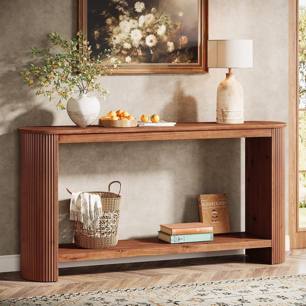 63" Solid Wood Farmhouse 2-Tier Narrow Long Console Table for Entryway - 11.8"D × 63"W × 31.5"H