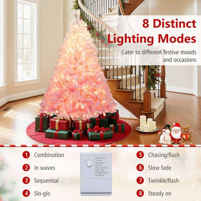 Gymax Artificial Christmas Tree Hinged Snow Flocked Xmas Tree w/ - Pink, White