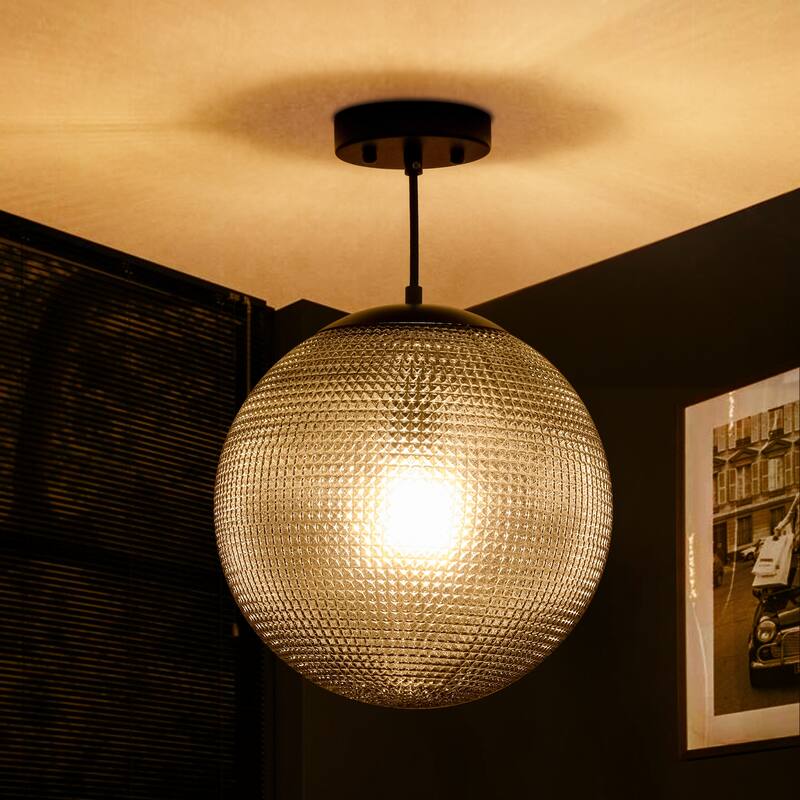 1-Light Modern Indoor Matte Black Finish Kitchen Island Pendant Lights with Globe Diamond Textured Grey/Clear Glass Shade