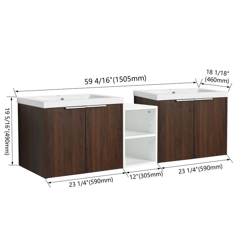 60 Inch Bathroom Vanity with Soft Close Doors, Resin Sink, Ample Storage and Matching Small Shelves (KD Packing)