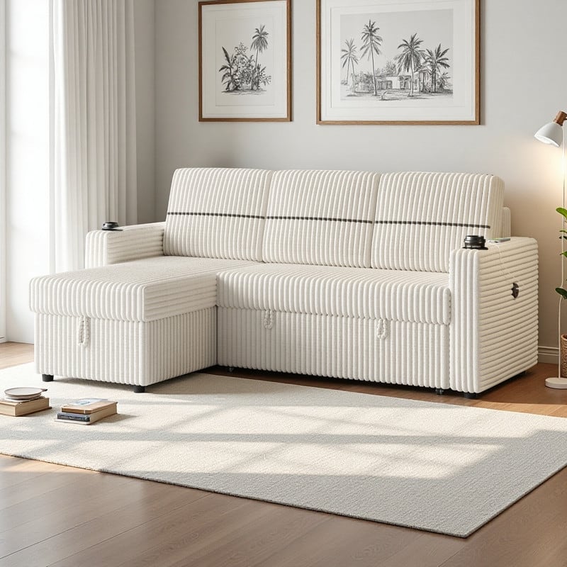 85" Corduroy 3-Seater Sleeper Sofa with Storage Chaise, USB Charging and Cup Holders - Beige
