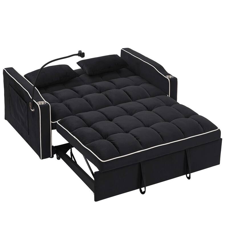 55.51'' Modern Versatile Foldable Sofa Bed With Adjustable Back and USB Port and Ashtray and Swivel Phone Stand