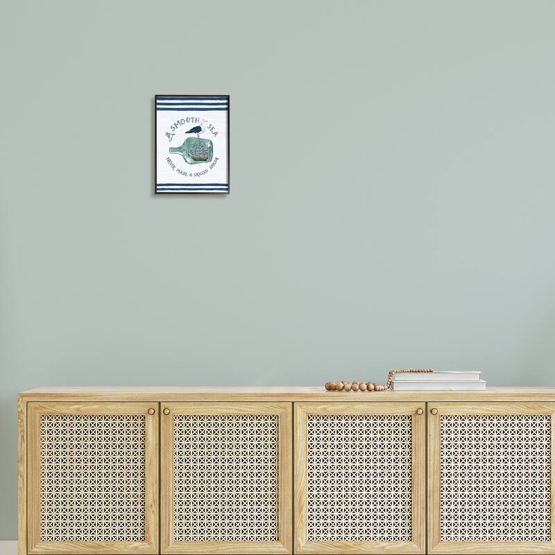 Stupell Ship In Bottle Seagull Striped Nautical Phrase Framed Wall Art, Design by Raquel Maciel - Blue