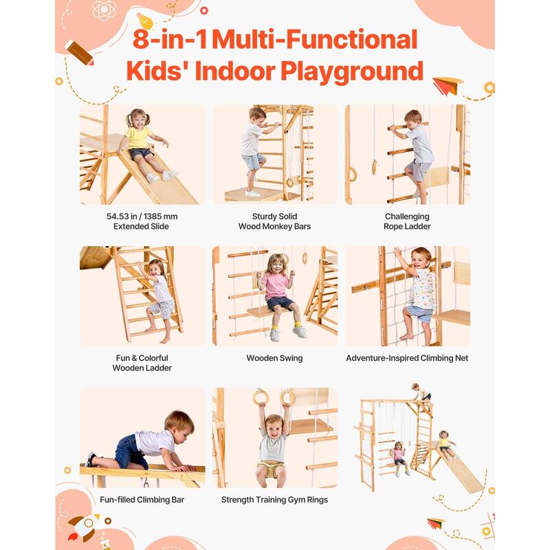 Original Wood 8 in 1 Indoor Playground Jungle Gym for Kids with Extended Slide Swing Climbing Net Monkey Bars - 87.60" x 75.59"