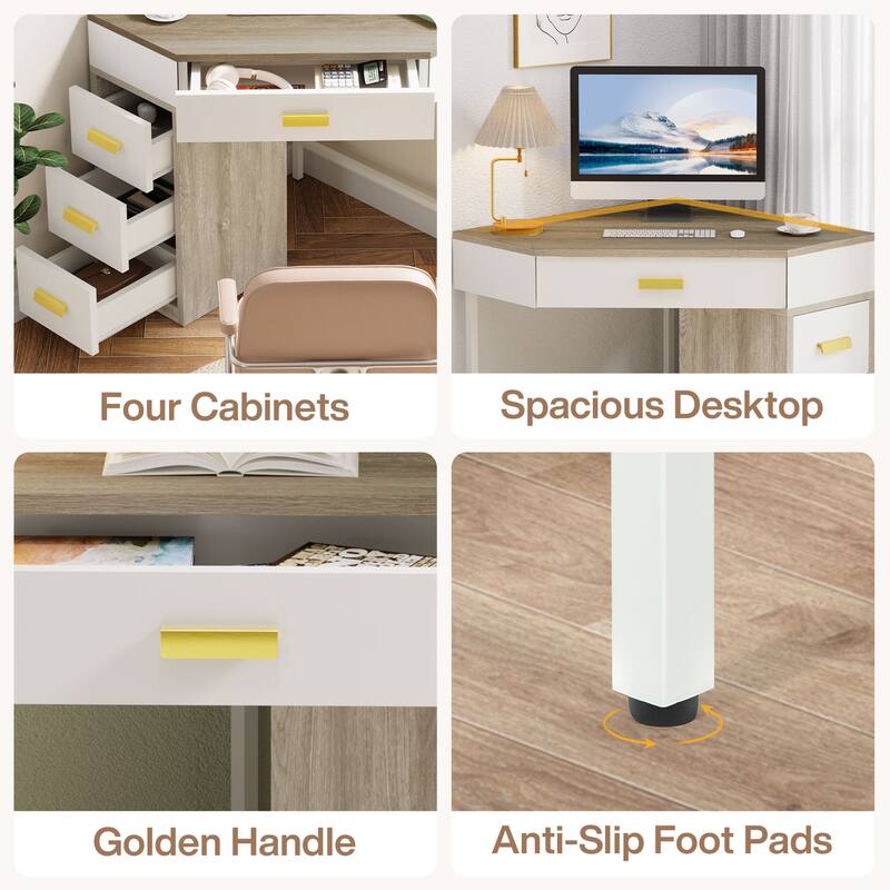Corner Desk with Drawers, Computer Writing PC Makeup Vanity Storage Desk, Home Office Living Room Bedroom Accent Desk