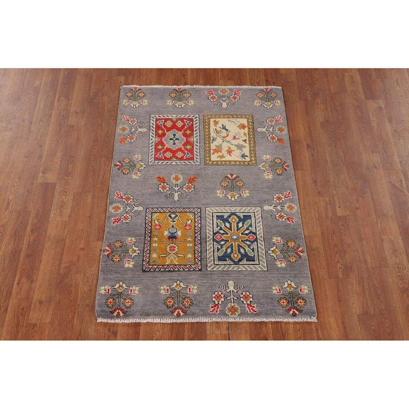 Gray Kazak Accent Rug Handmade Wool Carpet - 2'10" x 4'2"