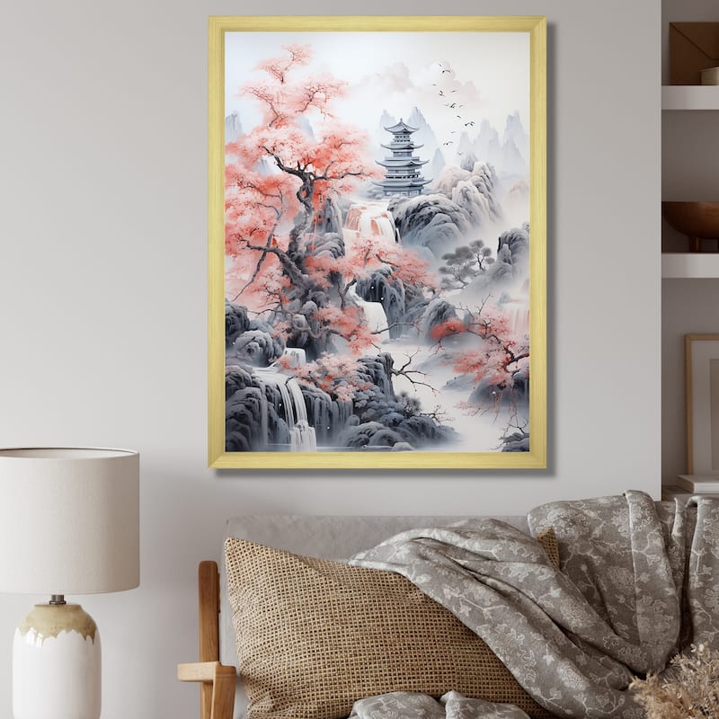 Designart "Minimalism Asian Pink Landscape" Asian Art Framed Wall Art Living Room - 16 in. wide x 32 in. high - Gold