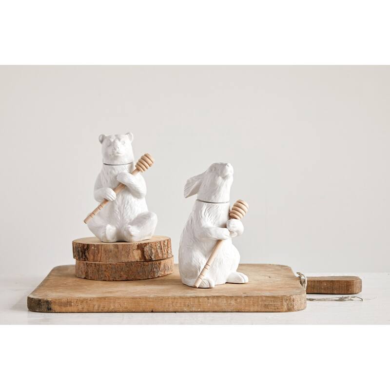 White Bear Shaped Honey Pot with Lid & Bamboo Dipper (Set of 2 Pieces)