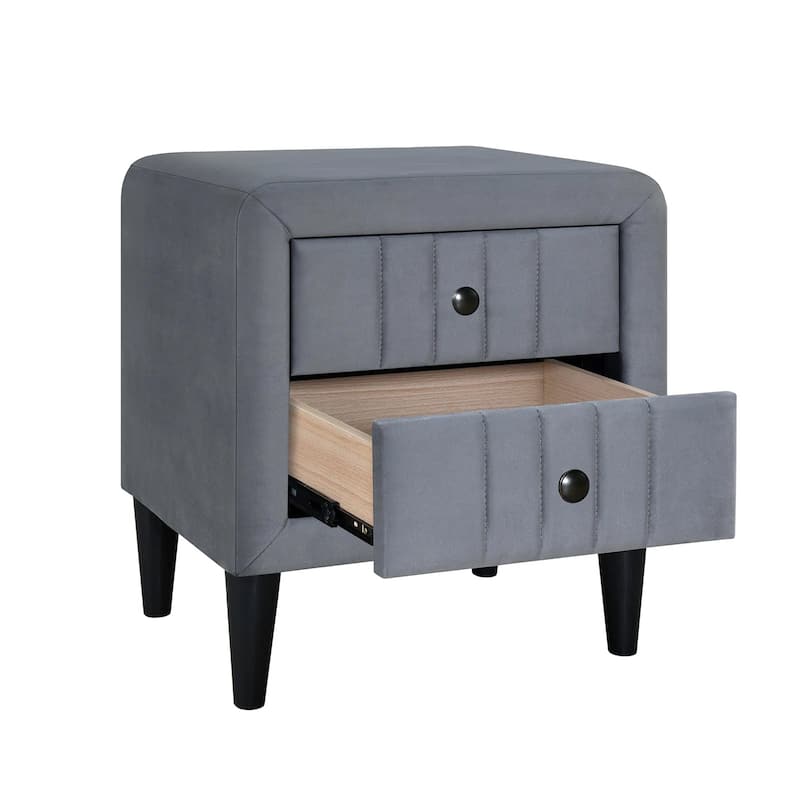 2 Drawers Velvet Upholstered Nightstand with Tapered Shape Legs
