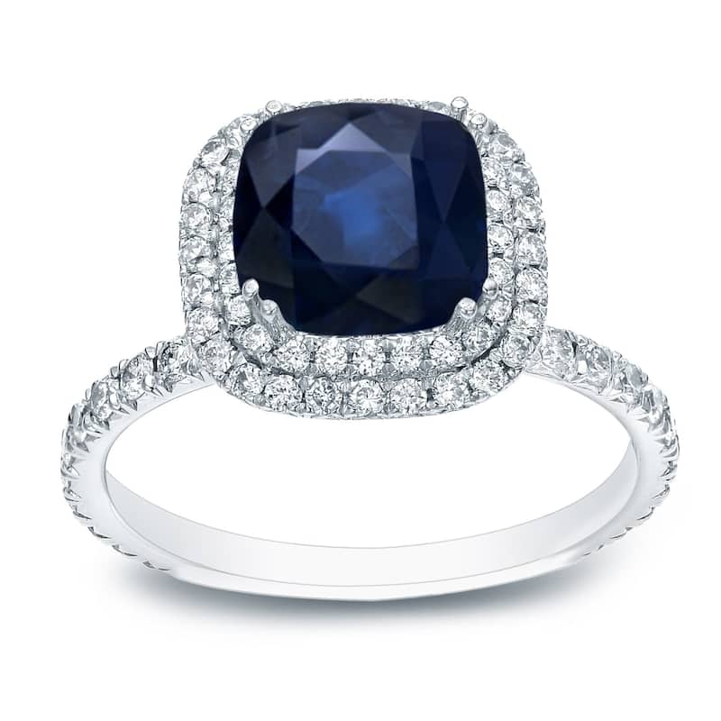 Auriya 18k Gold 2ct Cushion-cut Blue Sapphire Halo Diamond Engagement Ring 1ctw (H-I, SI1-SI2)