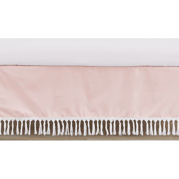 slide 2 of 2, Pink Boho Bohemian Collection Girl Crib Bed Skirt - Solid Color Blush Pink White Farmhouse Chic Minimalist Tassel Fringe Macrame