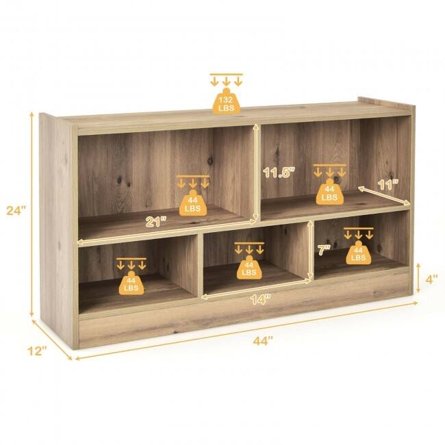 Children's Wooden Toy Storage Cabinet with 2 Shelves and 5 Cubes - 44" x 12" x 24" (L x W x H)