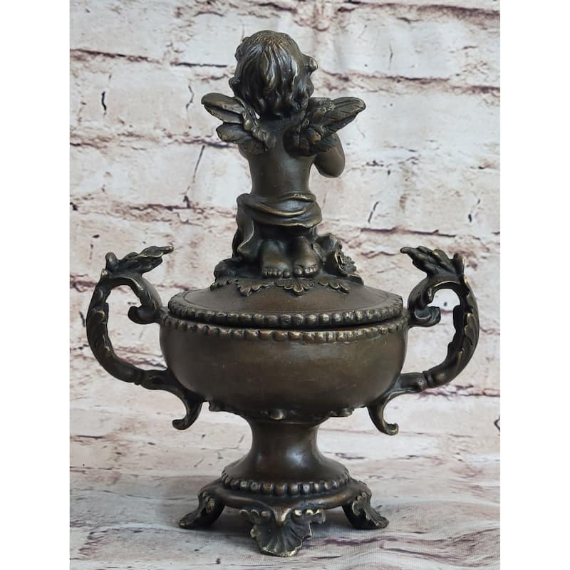 Bronze Cherub Cherubim Urn Jewelry Trinket Box Sculpture Decor 8 Inches X 6 Inches