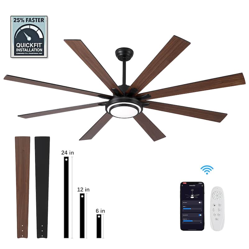 52"/66"/72"/76 Inch Modern Ceiling Fan with Dimmable LED Light ,Remote&APP Control,8 Blades for Large Living Room,Porch