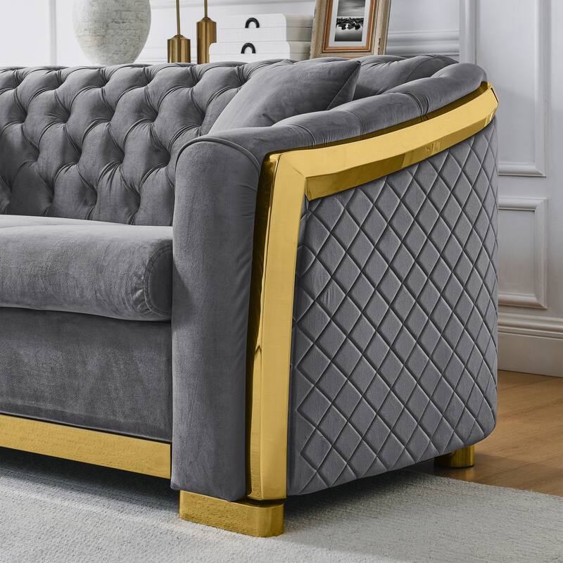 High-End European Design Velvet Chesterfield Sofa with Gold Stainless Steel Legs - 3-Seat Couch