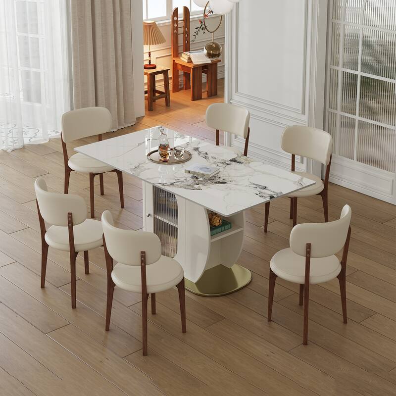 7-Piece Modern Dining Set with Leather Chairs, Minimalist Dining Chairs White Side Chairs Coffee Chairs - White