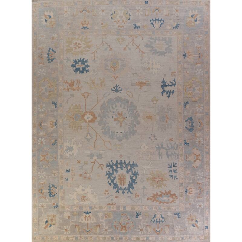 Vegetable Dye Oushak Turkish Rug Hand-Knotted Beige Wool Carpet - 12'6" x 14'9"