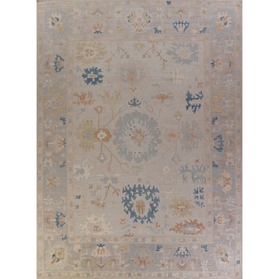Vegetable Dye Oushak Turkish Rug Hand-Knotted Beige Wool Carpet - 12'6" x 14'9"
