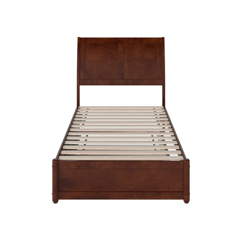Twin Bed with Trundle & USB - Modern Platform Bed Frame, Walnut Finish - Sleek Sleigh Headboard
