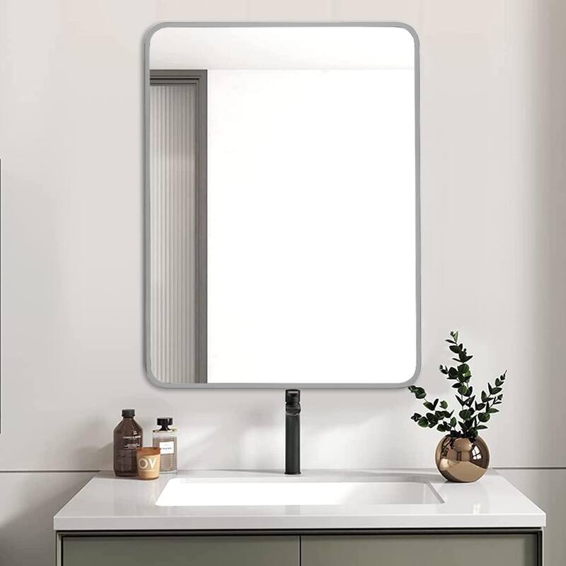 24x32 Inch Silver Metal Framed Rectangular Bathrrom Mirror for Wall - Silver