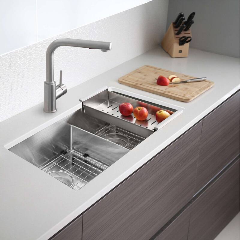 STYLISH 32 L inches x 18 W inches Stainless Steel Double Basin Low Divider Undermount Kitchen Sink with Grids and Strainers