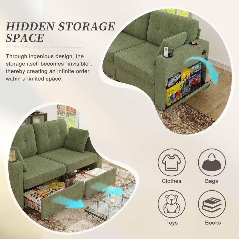 67.76" Chenille 3-Seater Sofa with USB Ports and Storage