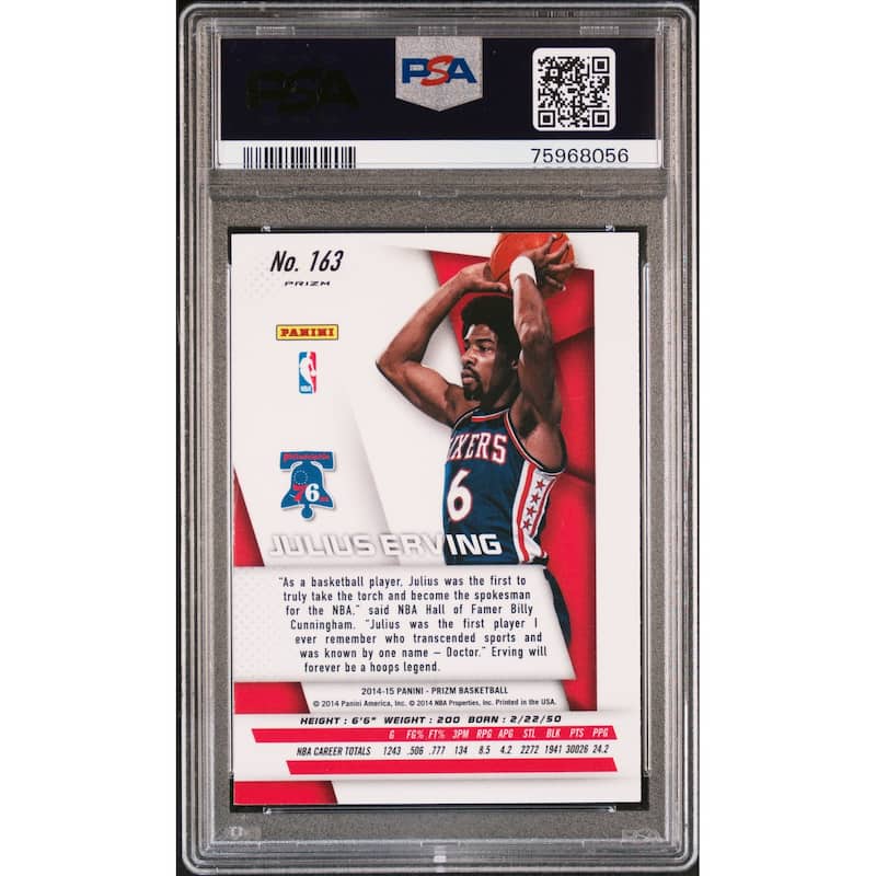 Julius Erving 2014 Panini Prizm Red White Blue Pulsar Card #163 Auto PSA 10 - 8'6" x 11'6"