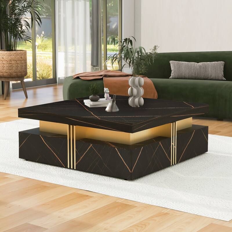 Modern Square Storage Coffee Table with 4 Drawers - Black