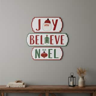 HomeRoots Set of Three White Green And Red Metal Christmas Hanging Text Wall Decor