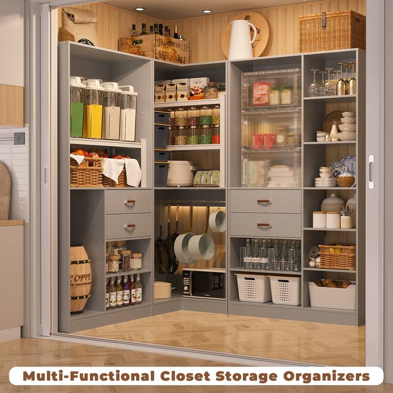 Rackcog Freestanding Closet Organizer with Hanging Rod, Closet System Wardrobe with Wood Drawers