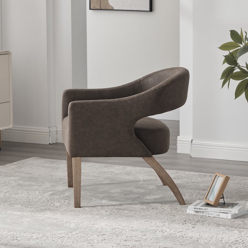 Modern Upholstered PU Open Back Accent Armchair Barrel Dining Chair with Weathered Rubberwood Legs, Hollow-Out Side Club Chair