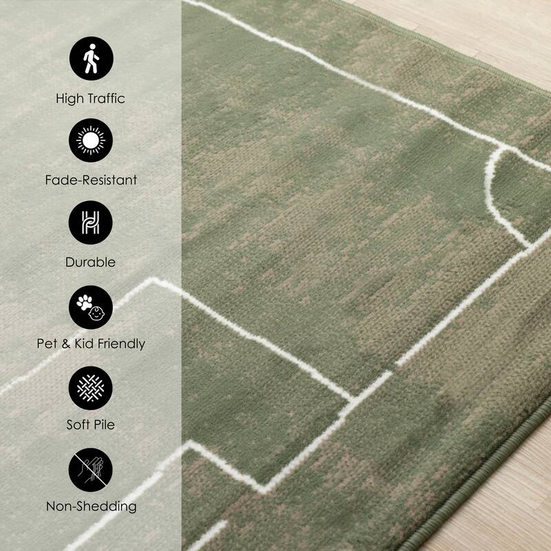 Green Brown Soccer Field Kids Area Rug