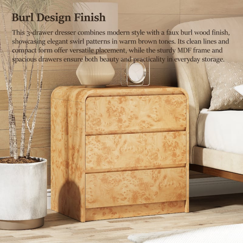 COZAYH Farmhouse Wood Nightstand, Rounded Edge Modern & Mid-Century Dresser, Burl Wood Finish in Natural