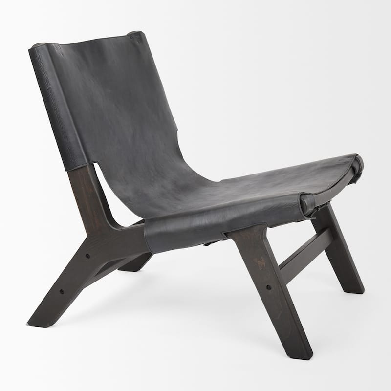 Elodie Black Genuine Buffalo Leather w/ Dark Brown Stained Solid Beechwood Frame Accent Chair - 24.4"W x 33.9"D x 30.7"H