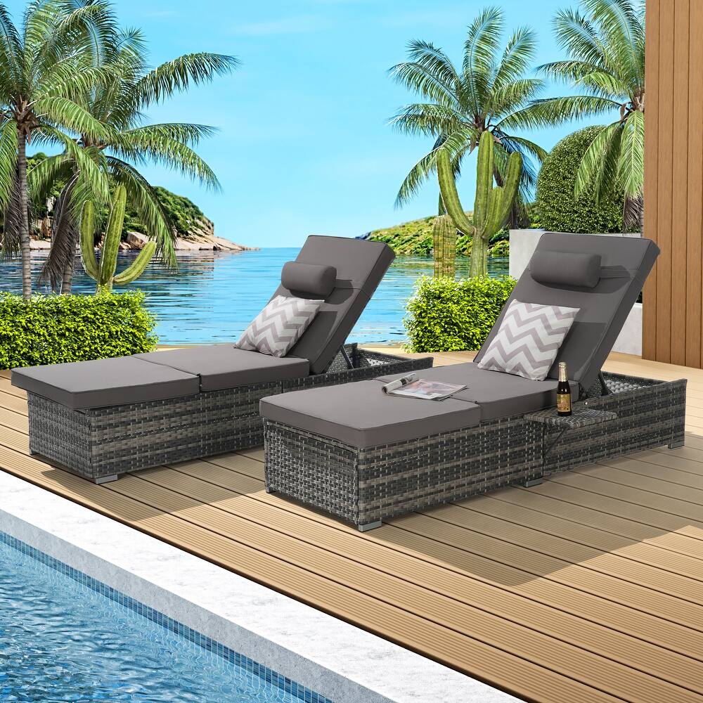 Outdoor Chaise Lounge Chair Set of 2 with Storage Patio Pool Chairs Tanning Lounges for Outside, Beach Rattan Recliners