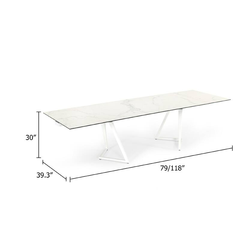 Cid Tyon Dining Table, 70-118 Inch Extendable White Ceramic Top