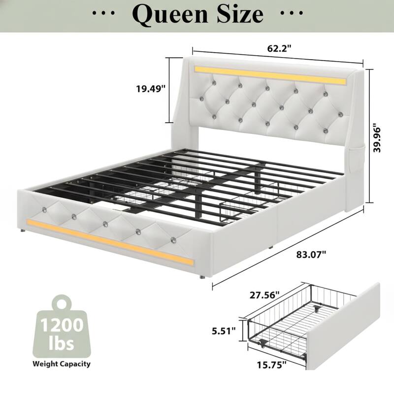 Queen Bed Frame with LED Lights, Upholstered Bed Frame with Charging Station, Platform Bed with Diamond Headboard, Wooden Slats