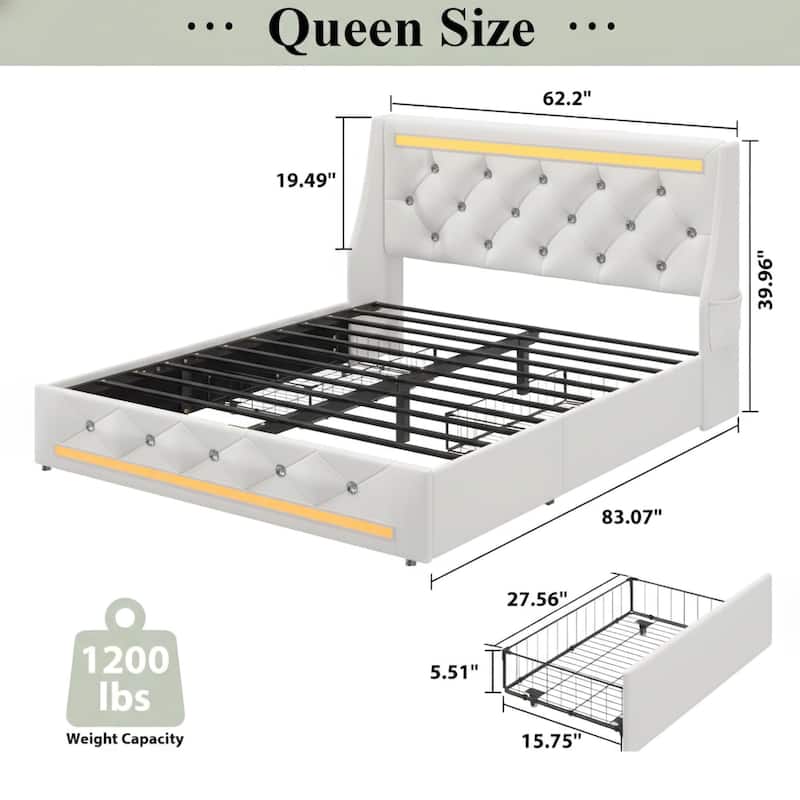 Upholstered Platform Bed Frame with Diamond Tufted Headboard, LED Lights & Charging Station
